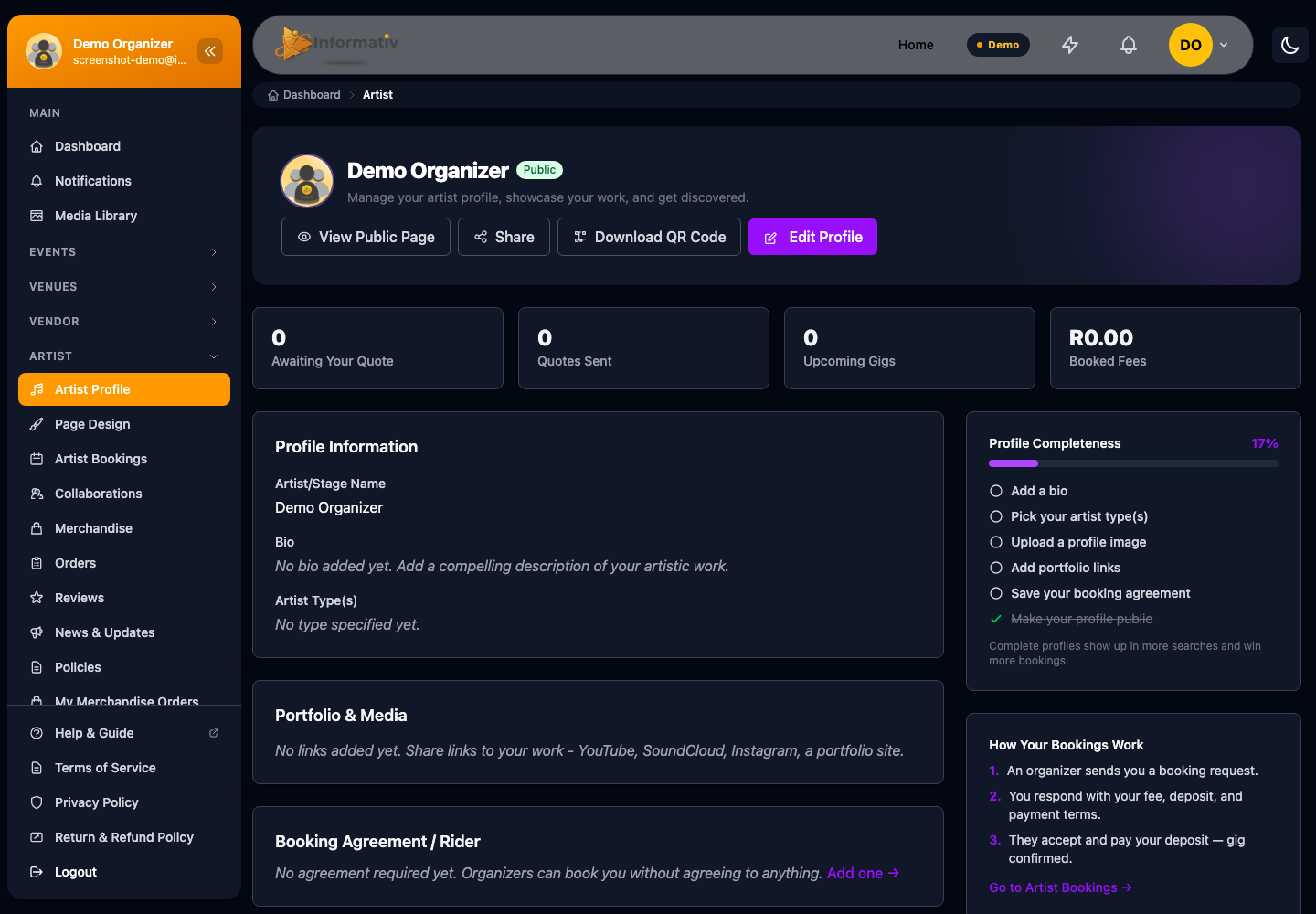 The Artist dashboard in Informativ