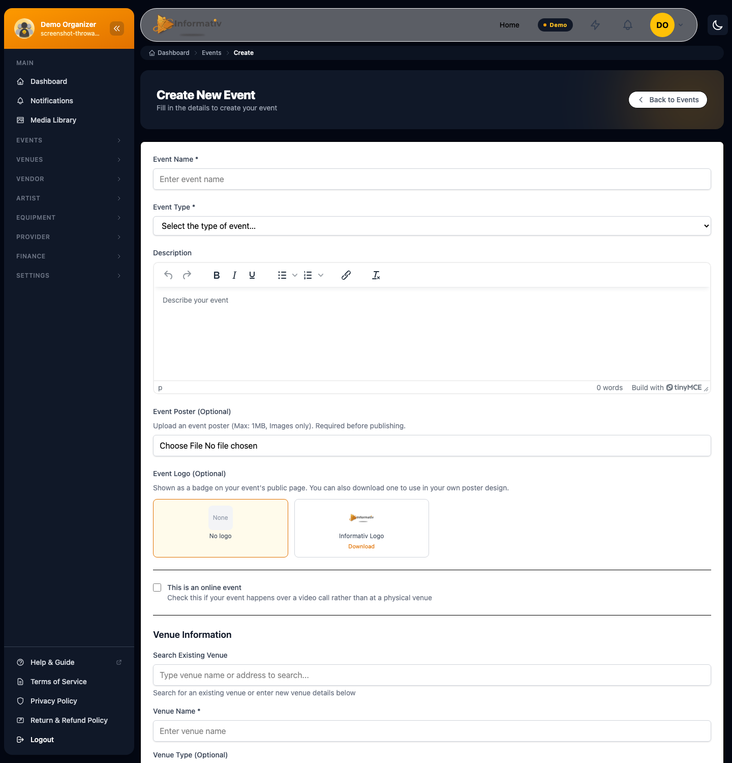 The Create Event form in the Informativ dashboard