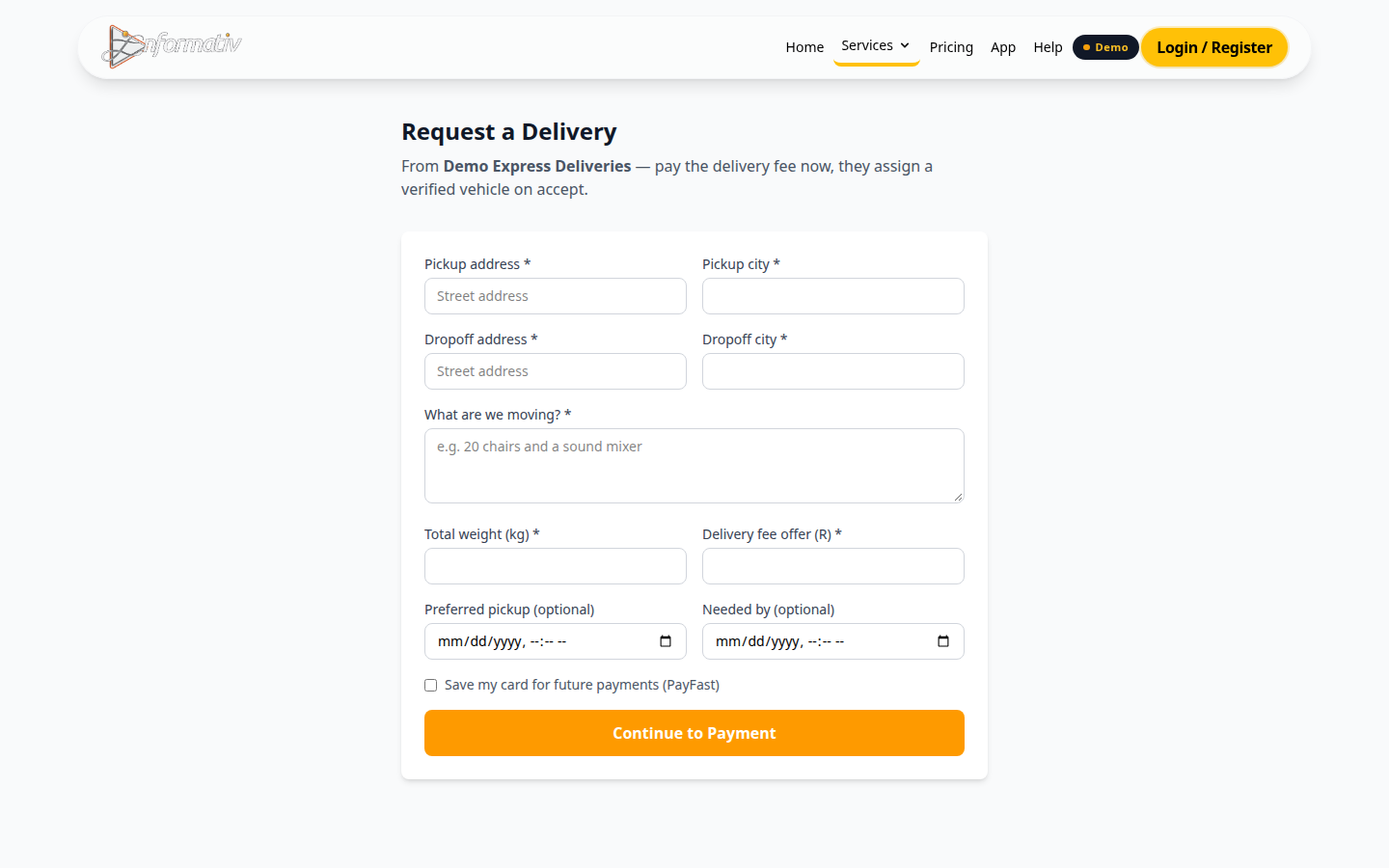 The Request a Delivery form in Informativ