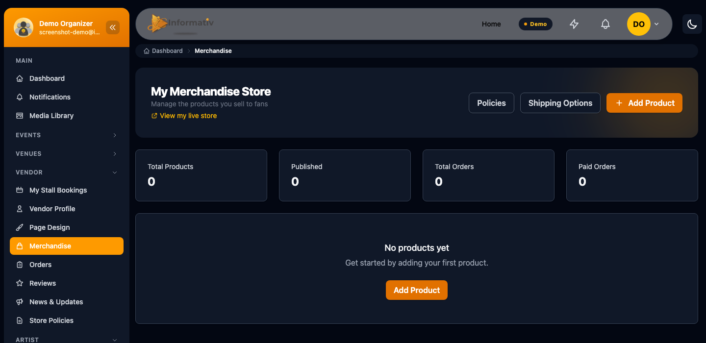 The Vendor merchandise dashboard in Informativ