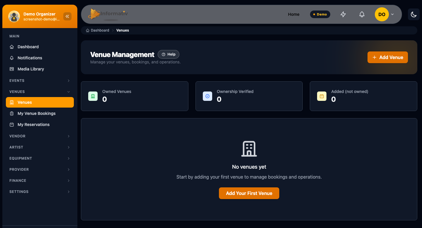 The Venues dashboard in Informativ